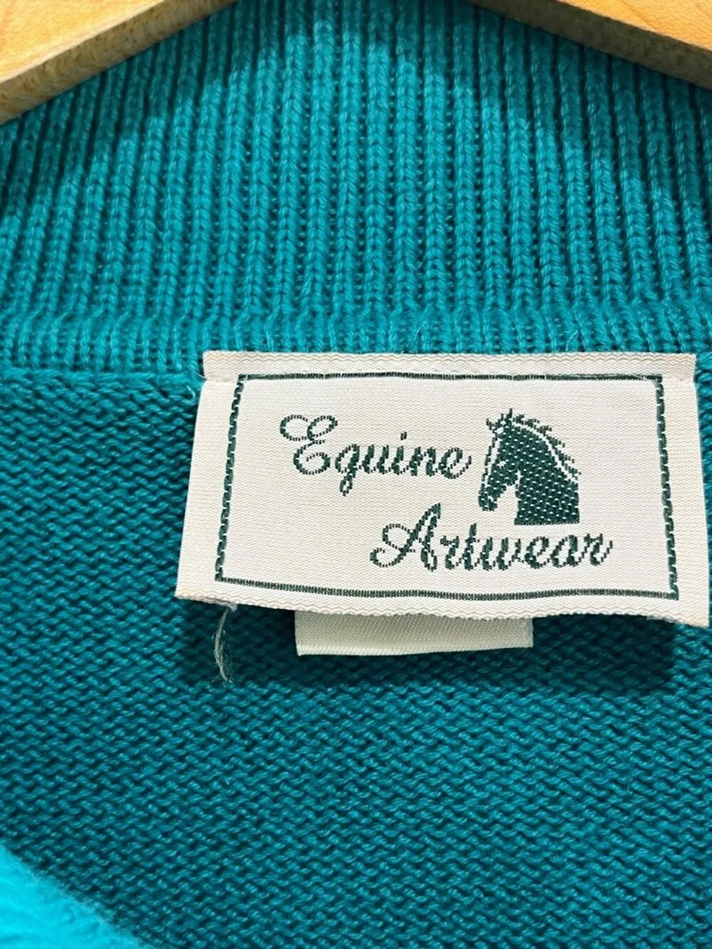 VTG Equine Art Wear Cardigan Sweater Womens 1X Teal Blue Embellished Horse